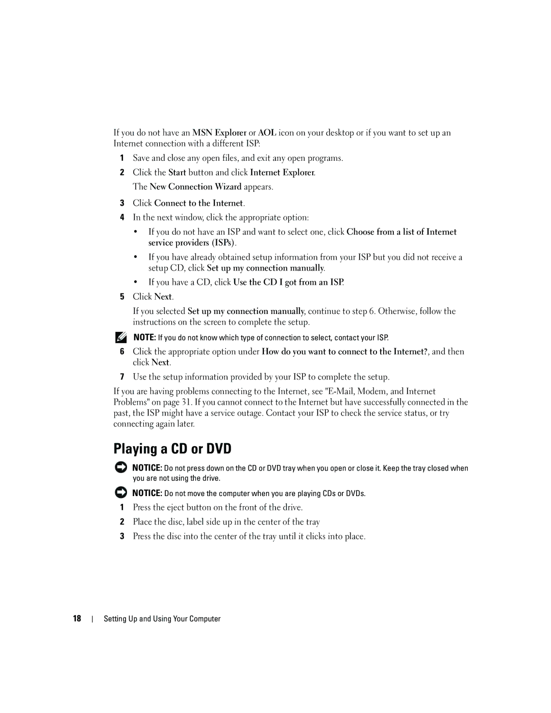 Dell 5150C Playing a CD or DVD, Click Connect to the Internet, If you have a CD, click Use the CD I got from an ISP 
