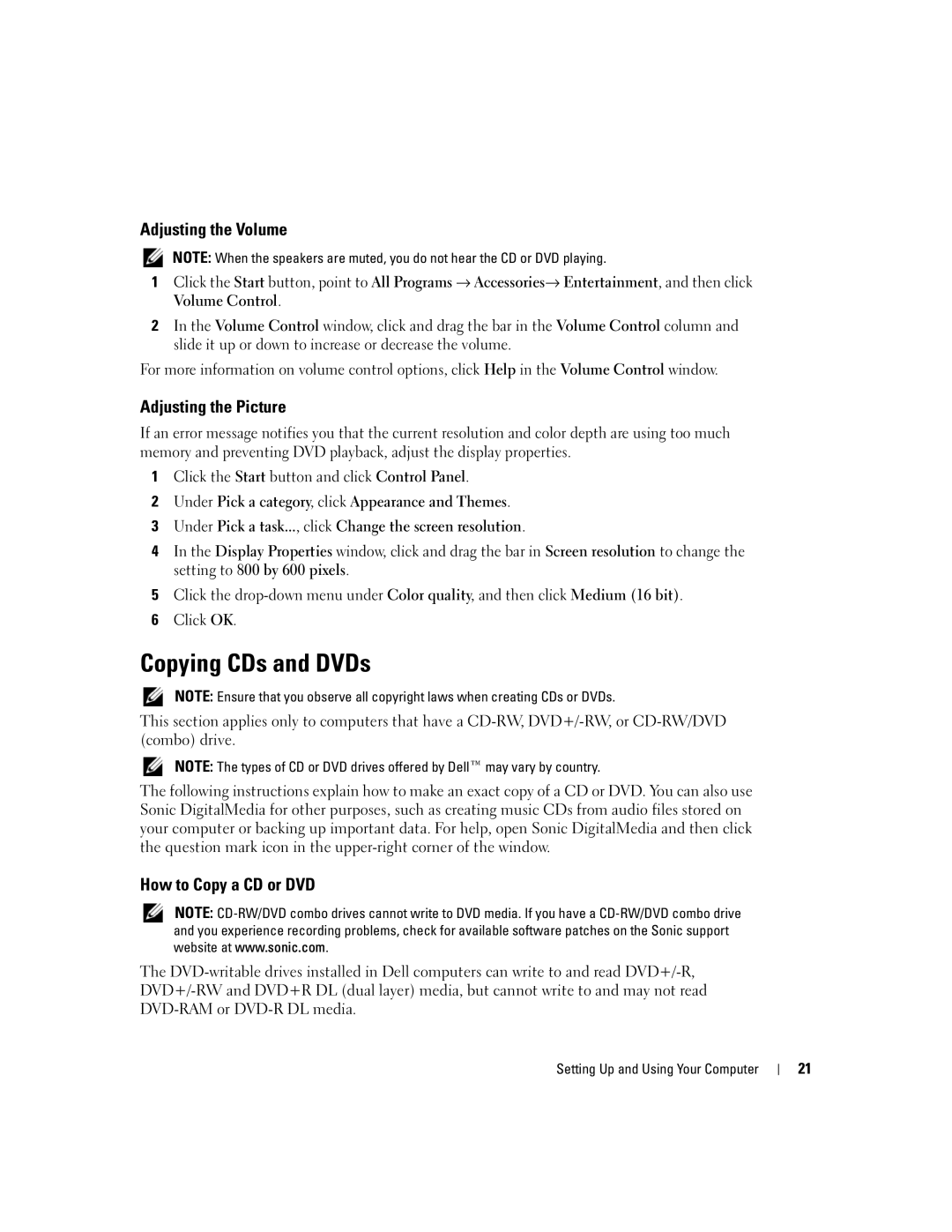 Dell 5150C owner manual Copying CDs and DVDs, Adjusting the Volume, Adjusting the Picture, How to Copy a CD or DVD 