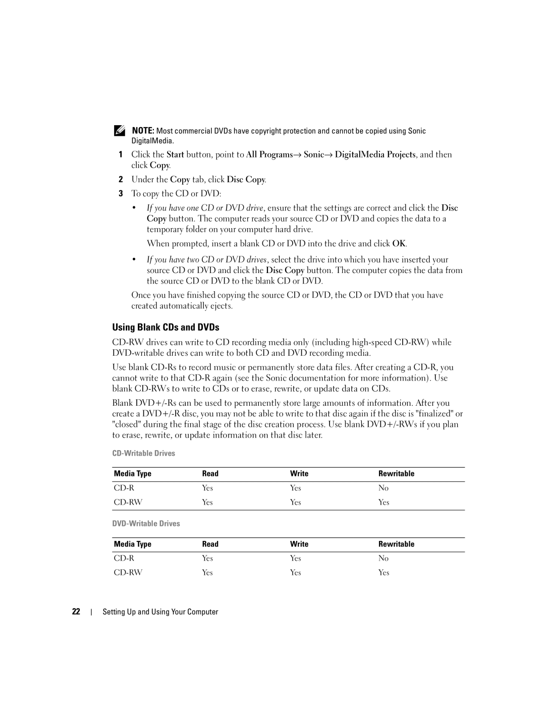 Dell 5150C owner manual Using Blank CDs and DVDs, Media Type Read Write Rewritable 