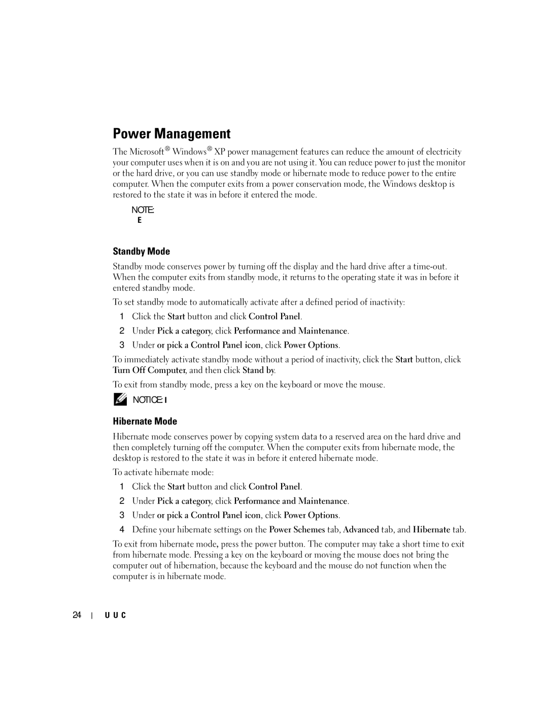 Dell 5150C owner manual Power Management, Standby Mode, Hibernate Mode 