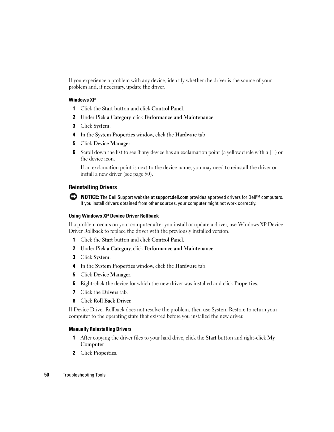 Dell 5150C owner manual Using Windows XP Device Driver Rollback, Manually Reinstalling Drivers 