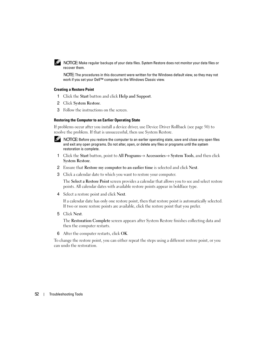 Dell 5150C owner manual Creating a Restore Point, Restoring the Computer to an Earlier Operating State 