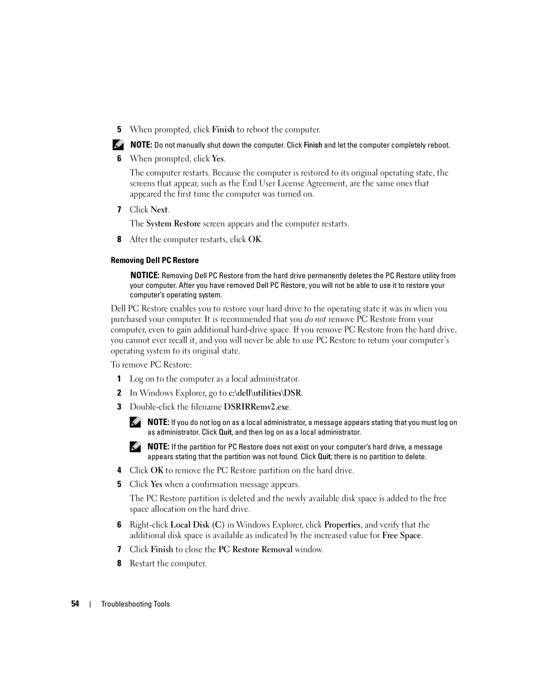 Dell 5150C owner manual Removing Dell PC Restore 