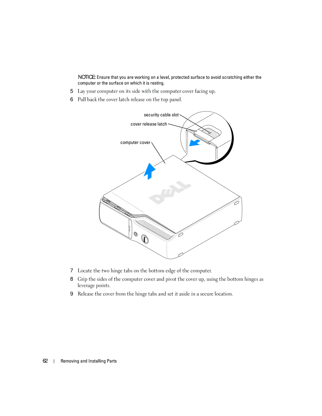 Dell 5150C owner manual Security cable slot Cover release latch Computer cover 