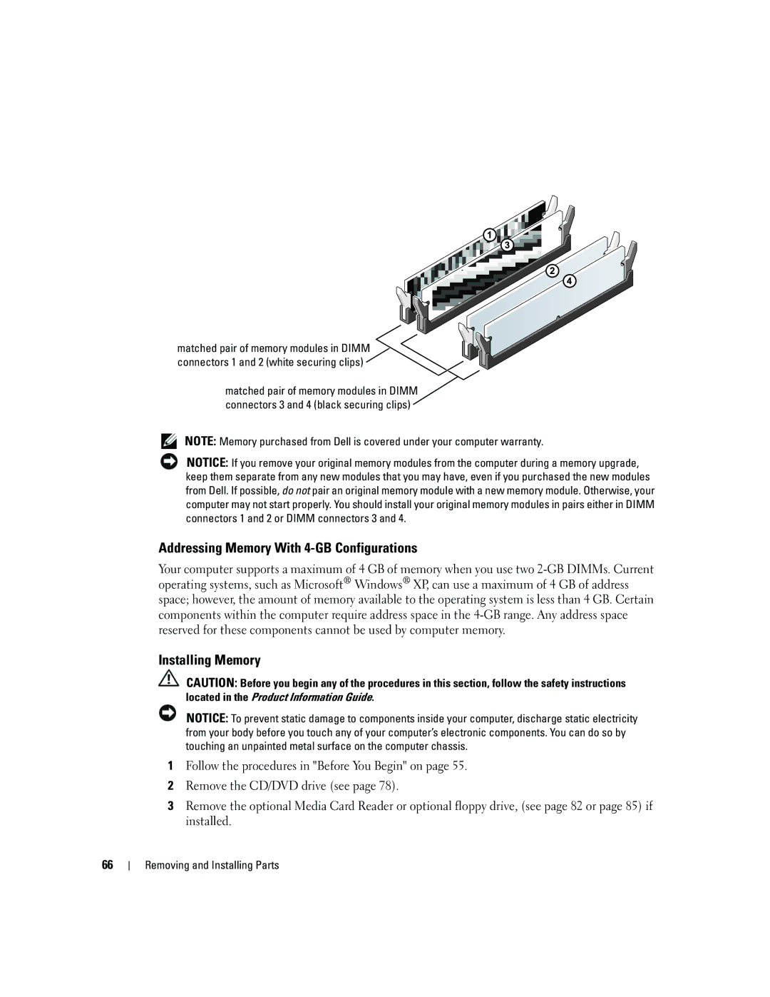 Dell 5150C owner manual Addressing Memory With 4-GB Configurations, Installing Memory 