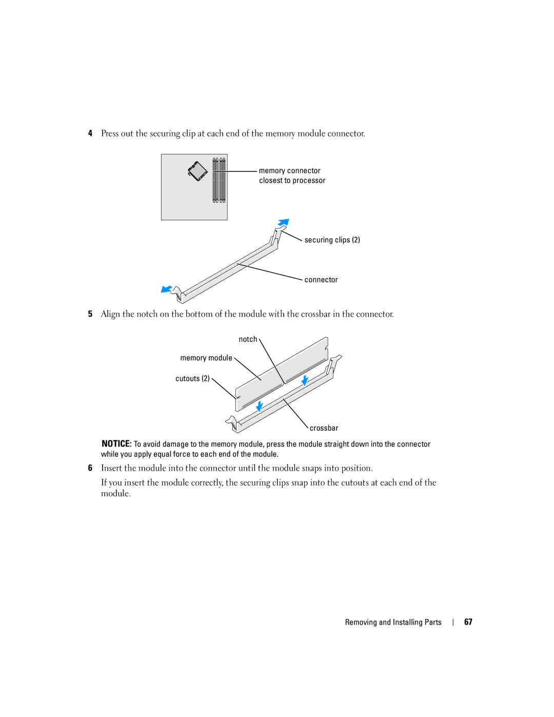 Dell 5150C owner manual Securing clips Connector, Notch Memory module Cutouts Crossbar 