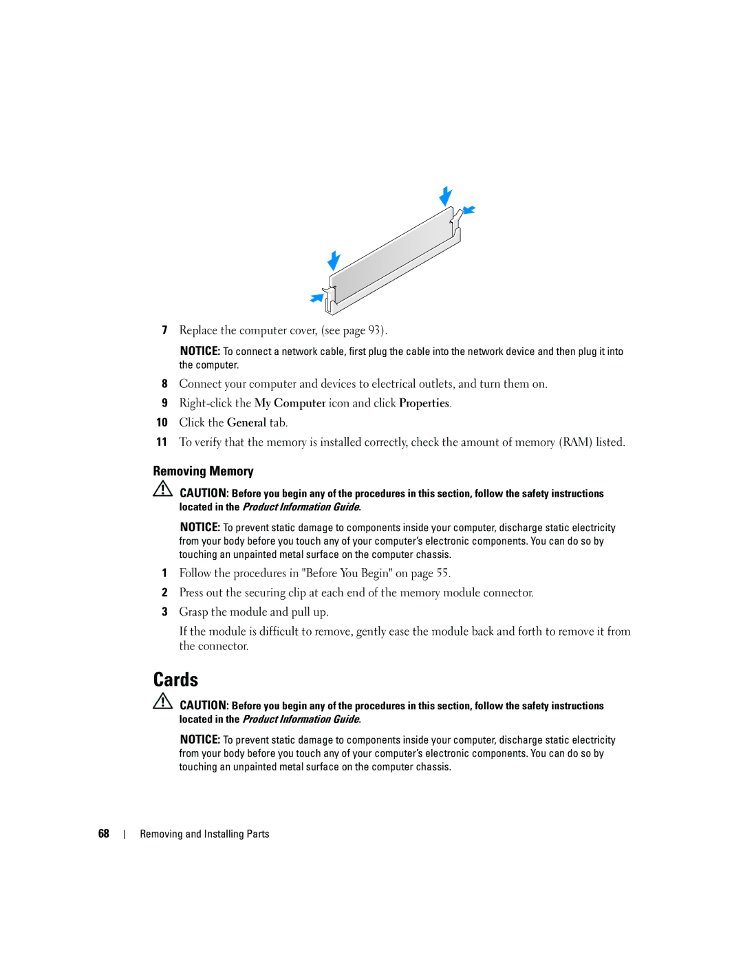 Dell 5150C owner manual Cards, Removing Memory 