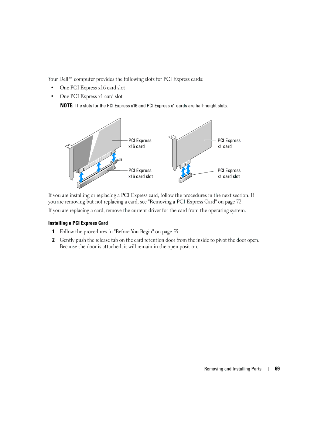 Dell 5150C owner manual Installing a PCI Express Card, X16 card X1 card PCI Express, X16 card slot 