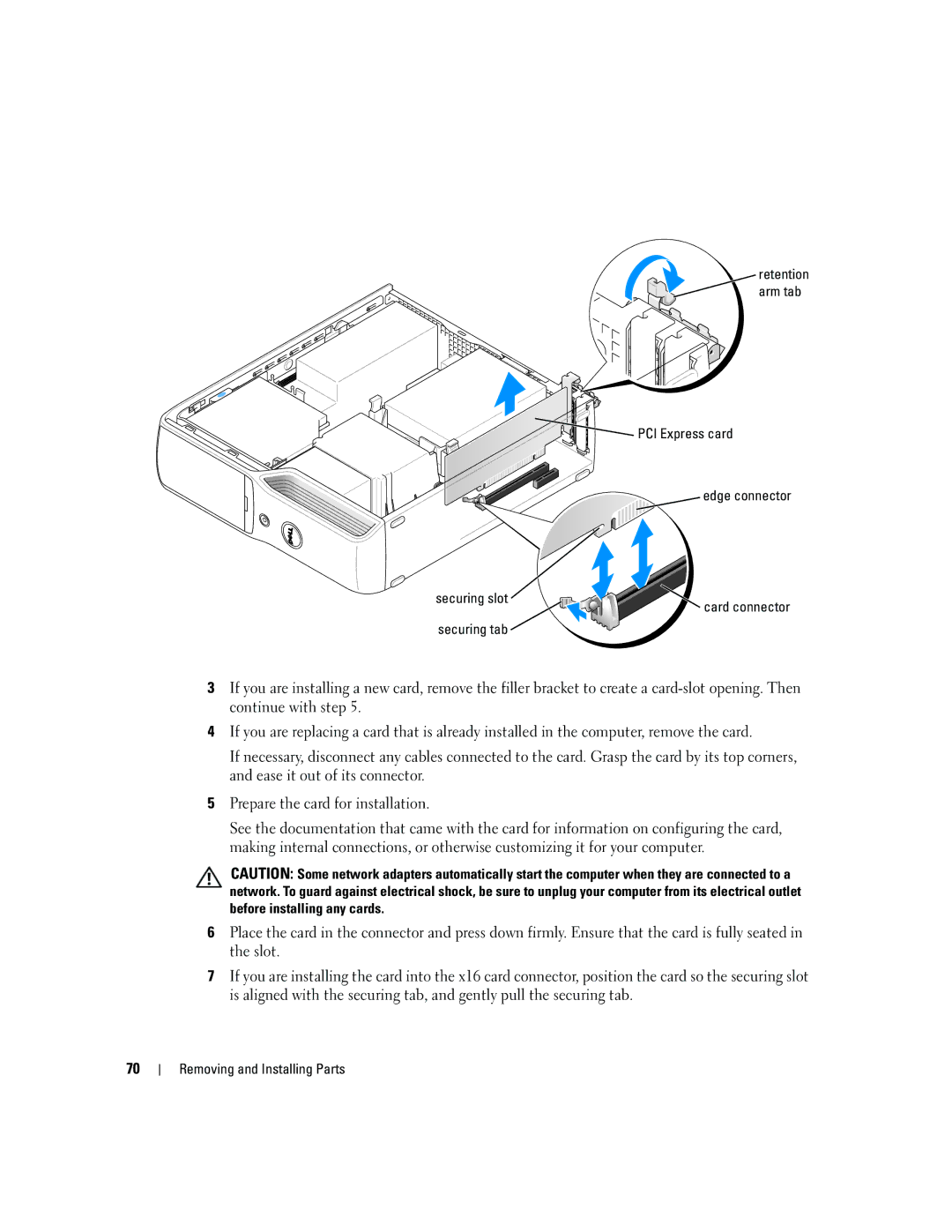 Dell 5150C owner manual Retention arm tab, Edge connector Securing slot Card connector Securing tab 