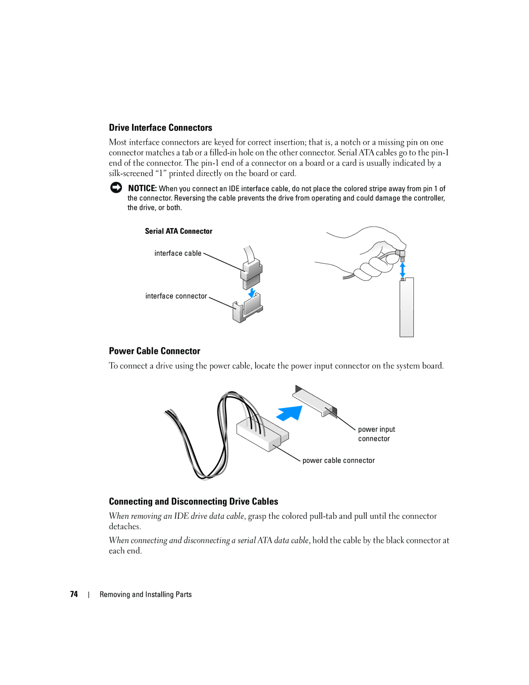 Dell 5150C owner manual Drive Interface Connectors, Power Cable Connector, Connecting and Disconnecting Drive Cables 