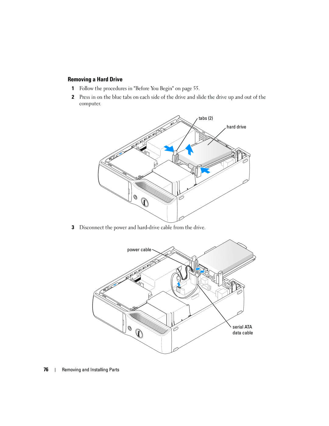 Dell 5150C owner manual Removing a Hard Drive, Tabs Hard drive, Power cable 