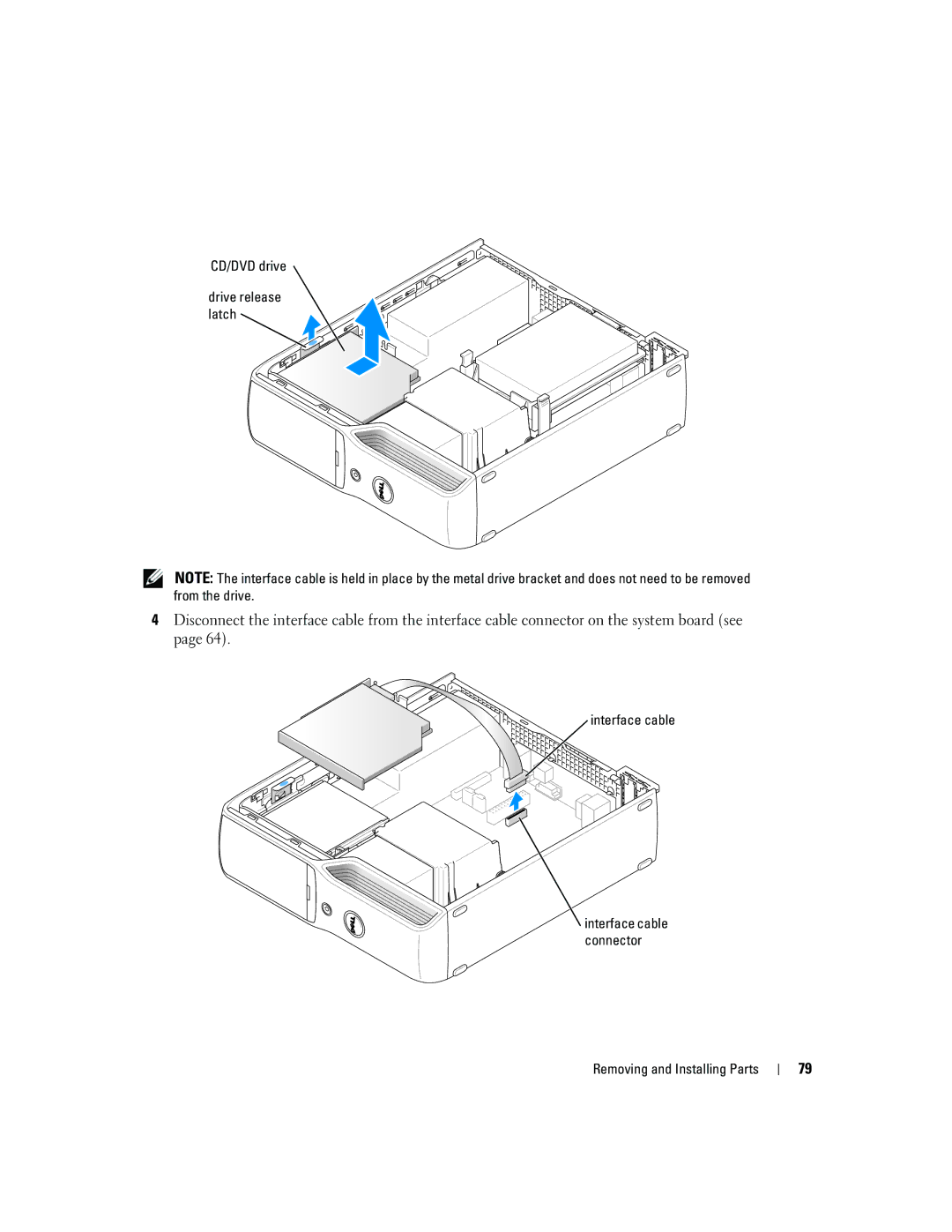 Dell 5150C owner manual CD/DVD drive Drive release latch, Interface cable 