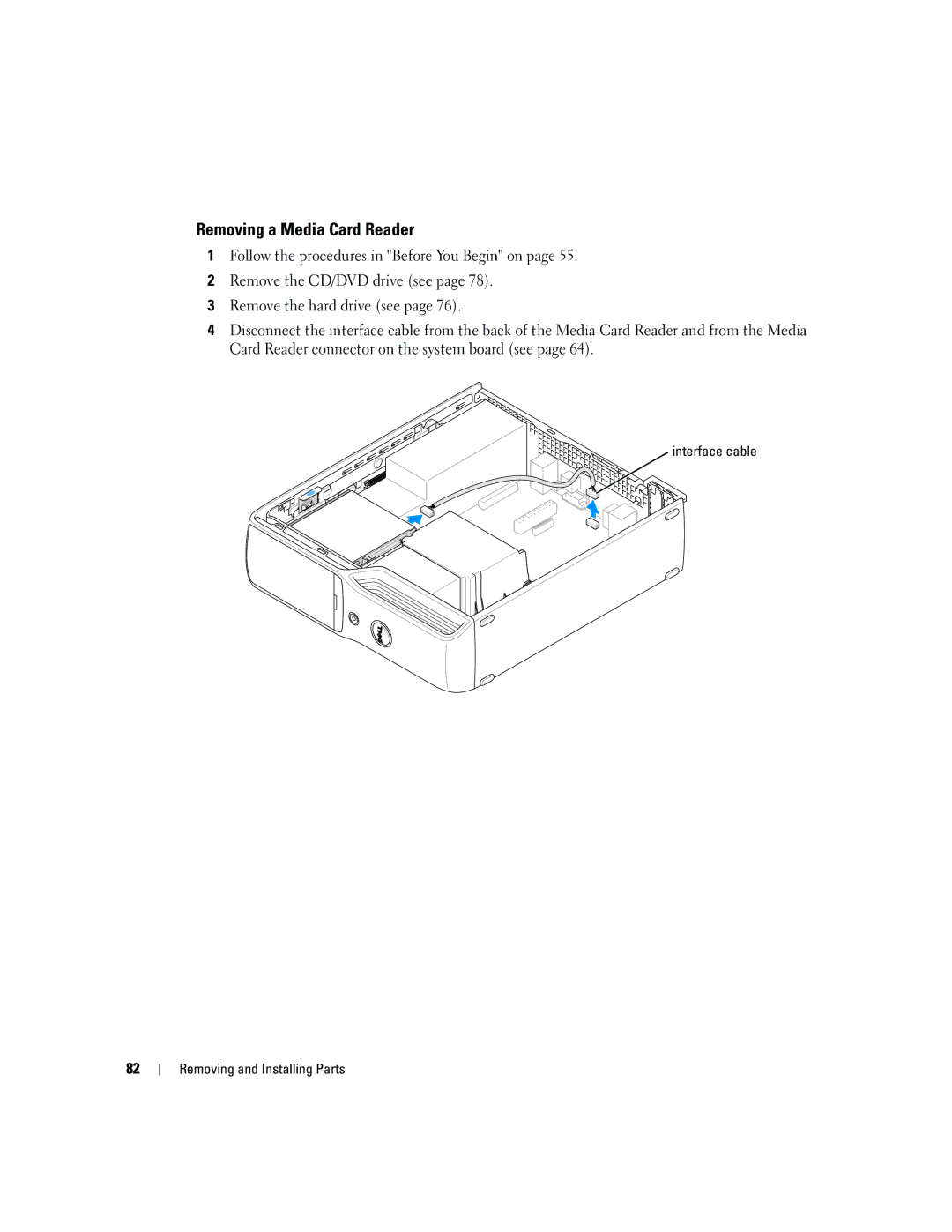 Dell 5150C owner manual Removing a Media Card Reader, Interface cable Removing and Installing Parts 