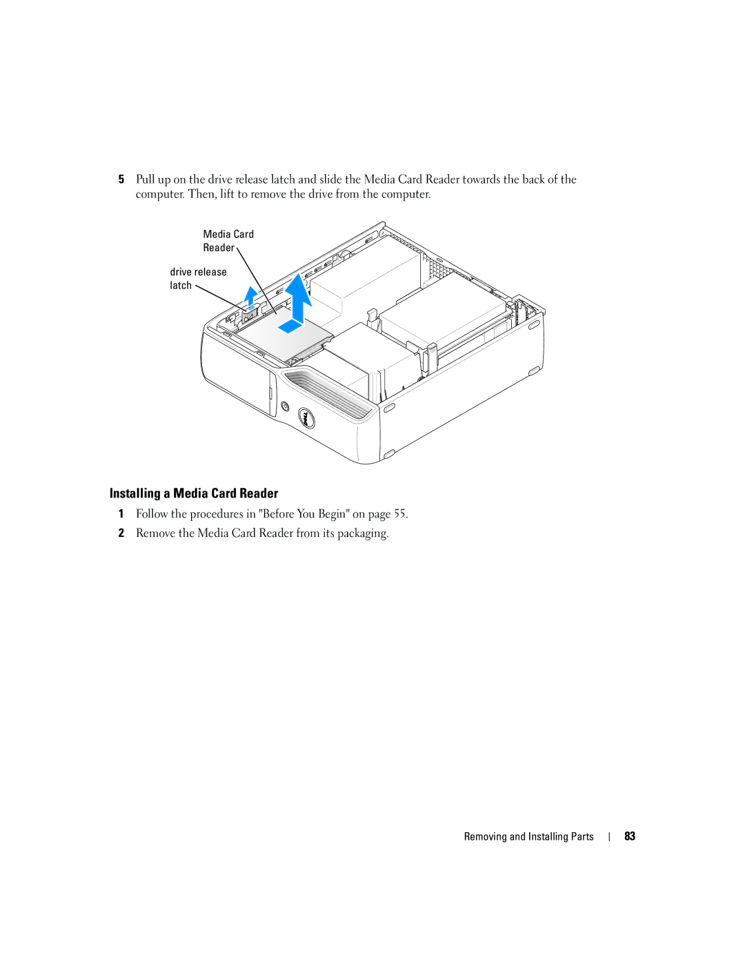 Dell 5150C owner manual Installing a Media Card Reader, Media Card Reader Drive release latch 