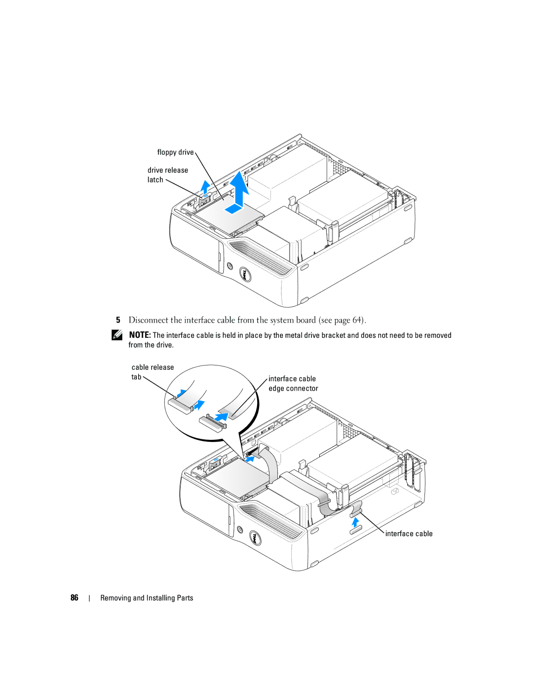 Dell 5150C owner manual Disconnect the interface cable from the system board see, Floppy drive Drive release latch 