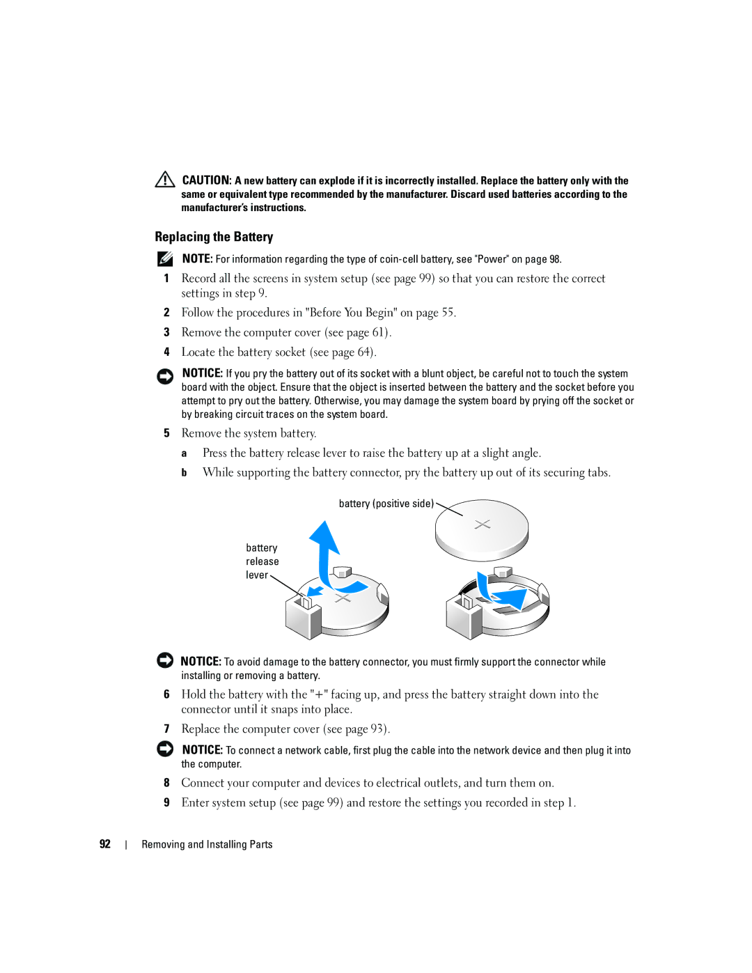 Dell 5150C owner manual Replacing the Battery, Battery positive side 