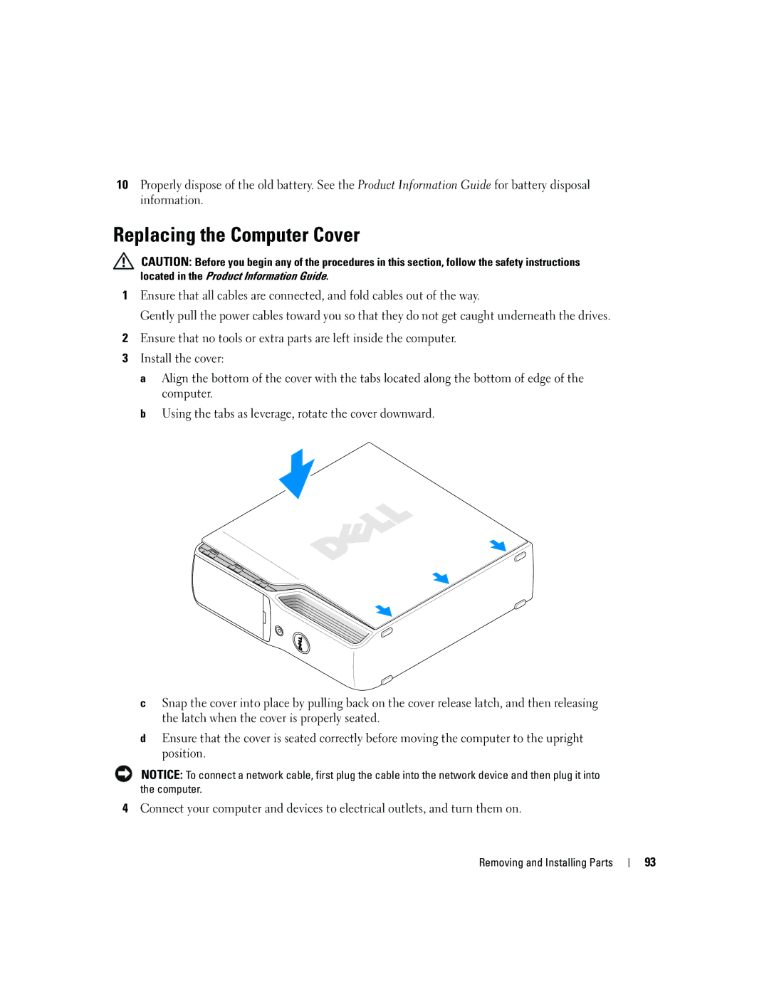 Dell 5150C owner manual Replacing the Computer Cover 