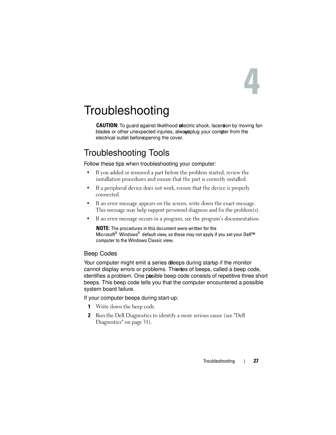 Dell 518, MT480, 519 manual Troubleshooting Tools, Beep Codes 