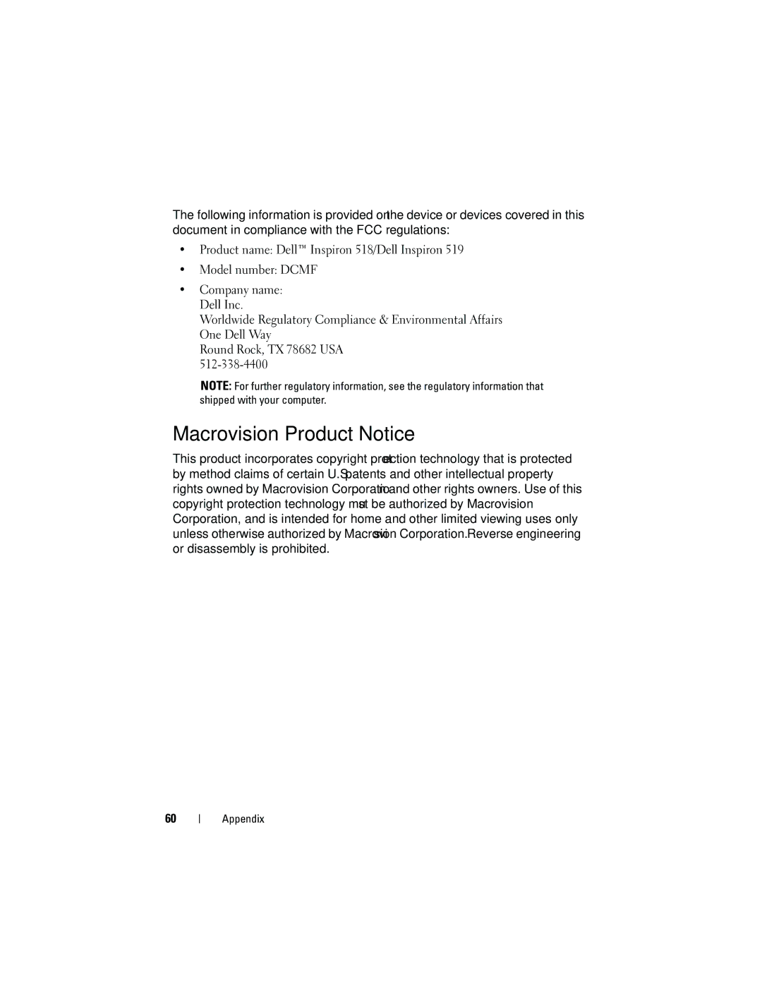 Dell 518, MT480, 519 manual Macrovision Product Notice 