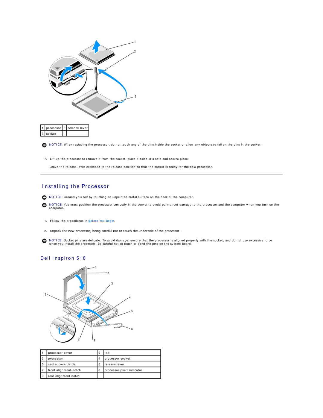 Dell 518 manual Installing the Processor 