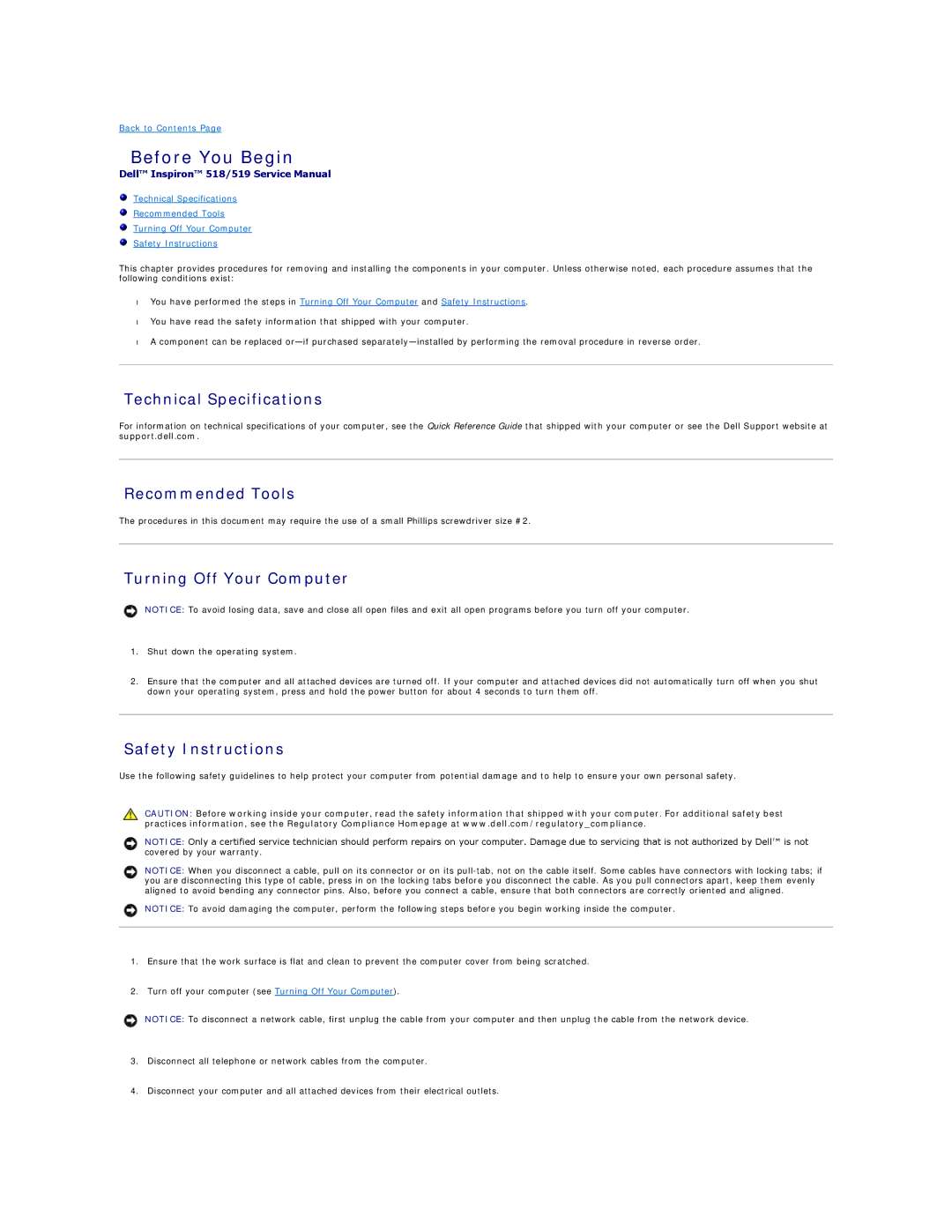 Dell 518 Before You Begin, Technical Specifications, Recommended Tools, Turning Off Your Computer, Safety Instructions 