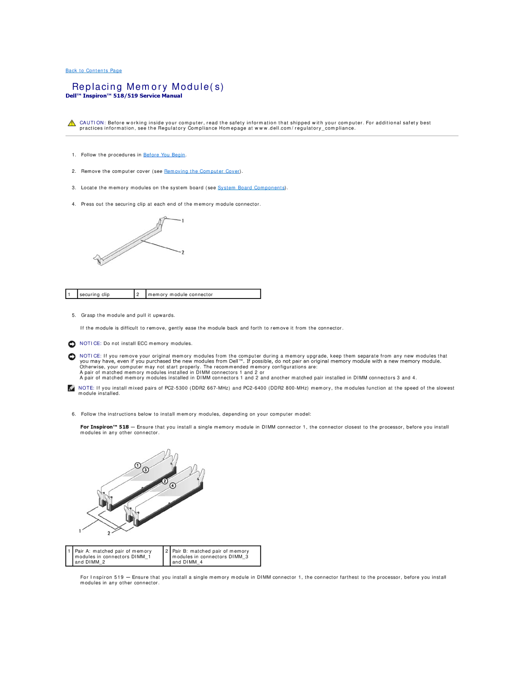 Dell 518 manual Replacing Memory Modules 