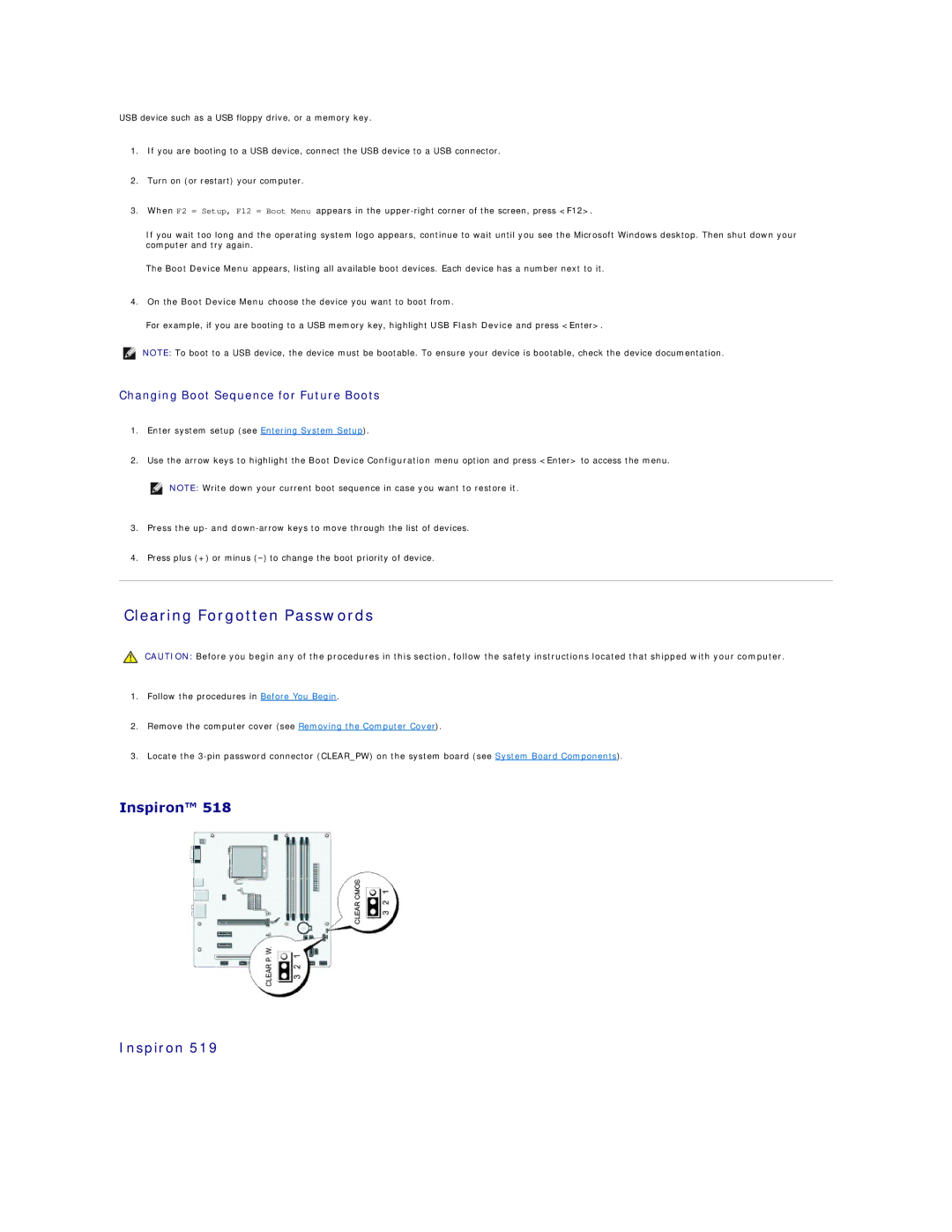 Dell 518 manual Clearing Forgotten Passwords, Changing Boot Sequence for Future Boots 