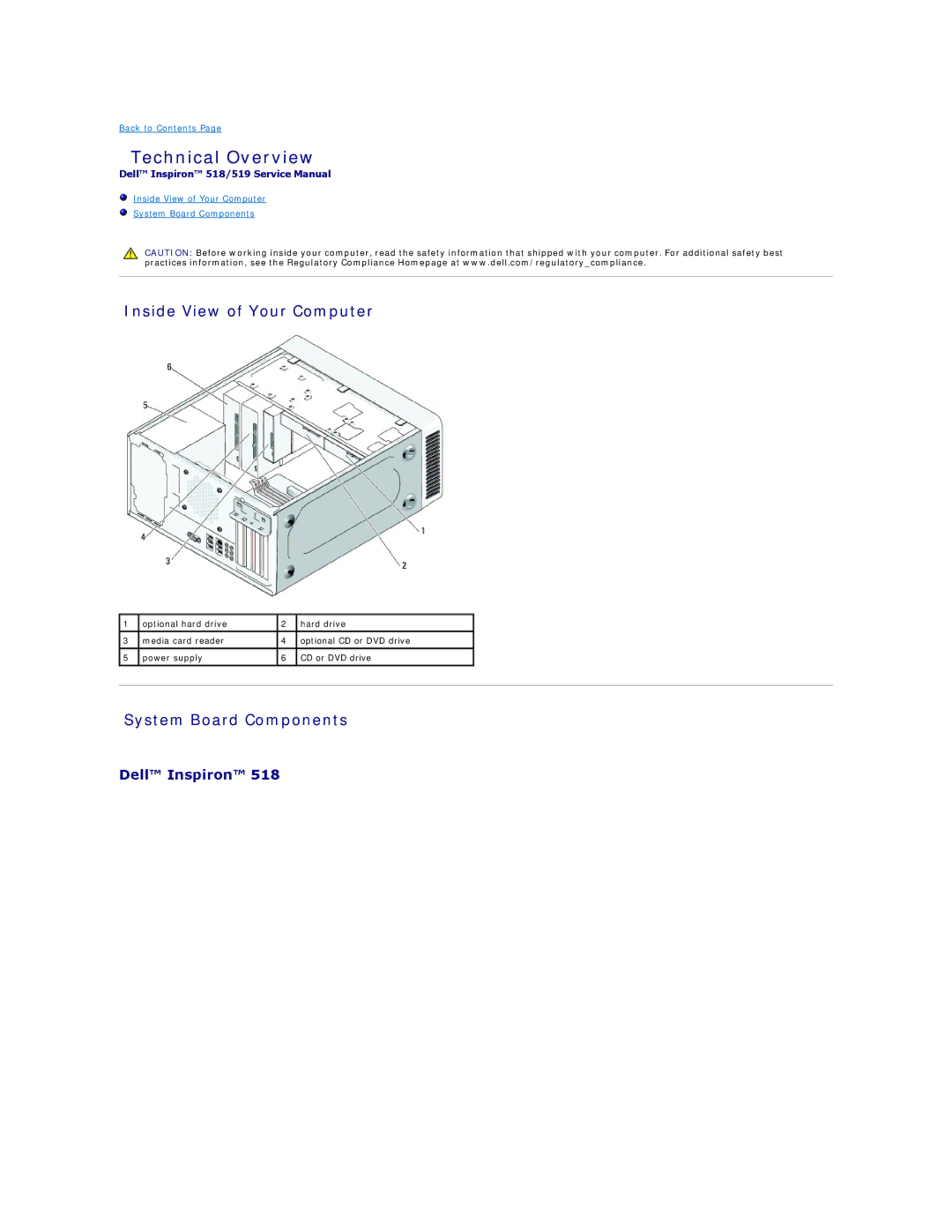 Dell 518 manual Technical Overview, Inside View of Your Computer, System Board Components 