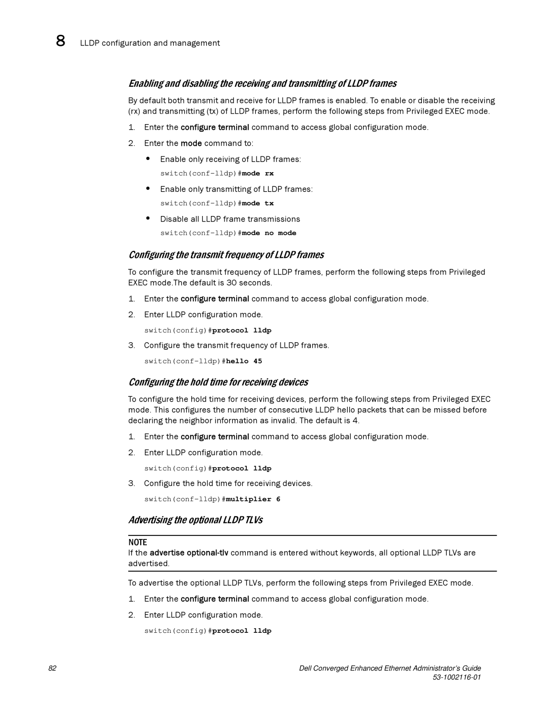 Dell 53-1002116-01 Configuring the transmit frequency of Lldp frames, Configuring the hold time for receiving devices 