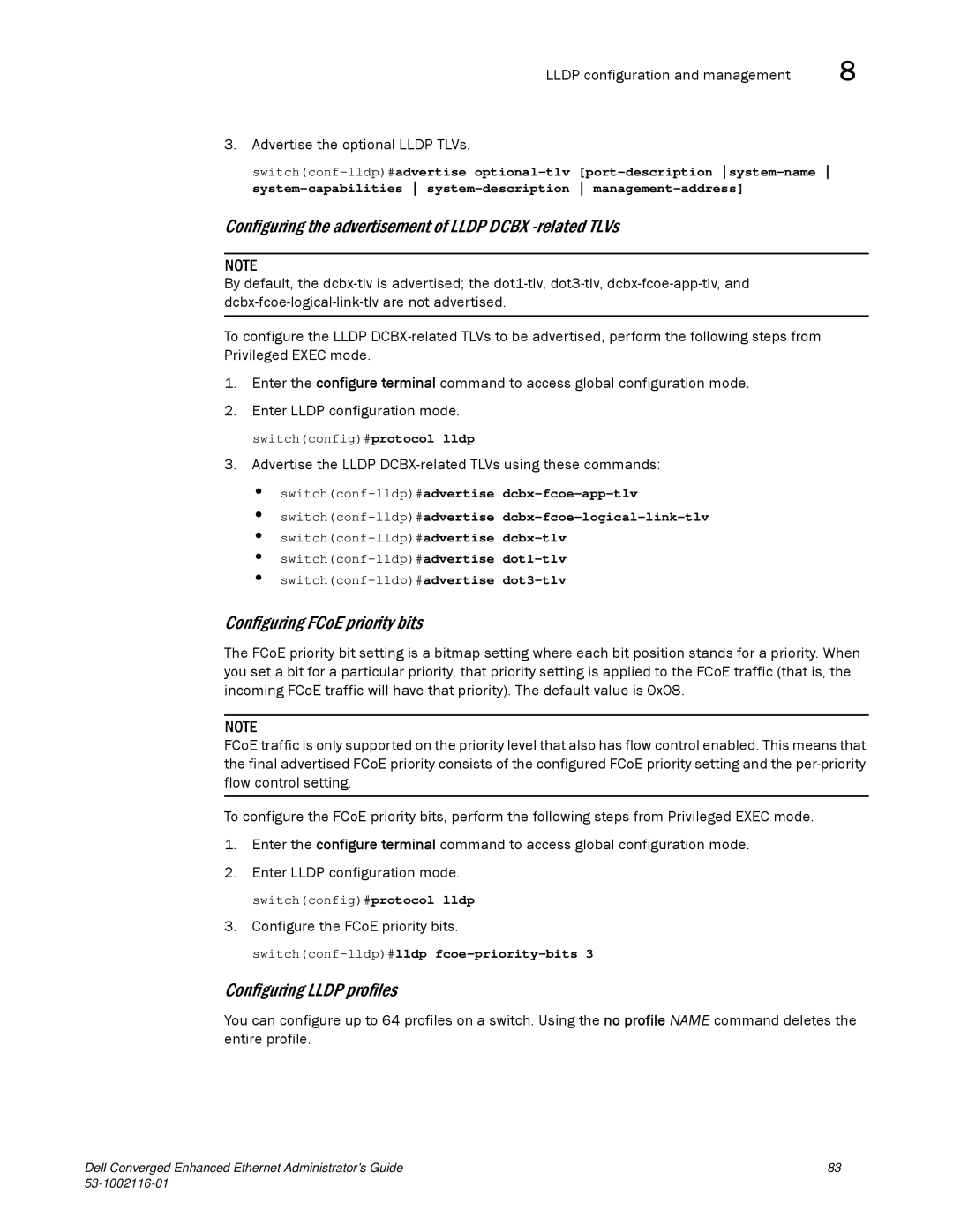 Dell 53-1002116-01 manual Configuring the advertisement of Lldp Dcbx -related TLVs, Configuring FCoE priority bits 