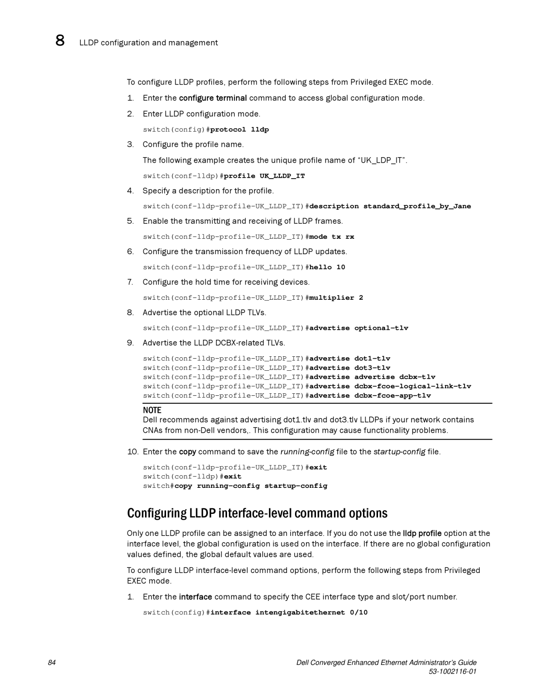 Dell 53-1002116-01 manual Configuring Lldp interface-level command options, Specify a description for the profile 