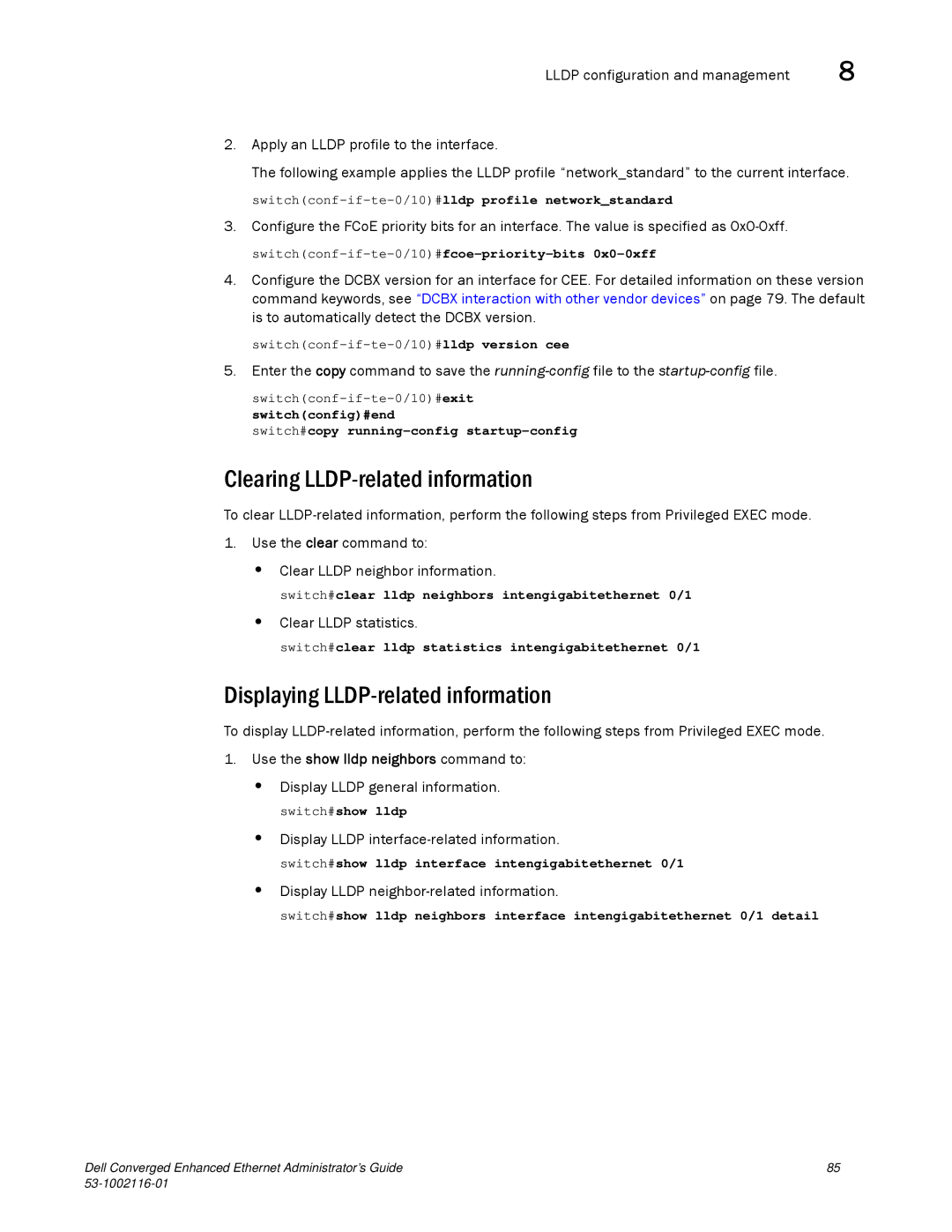 Dell 53-1002116-01 manual Clearing LLDP-related information, Displaying LLDP-related information 