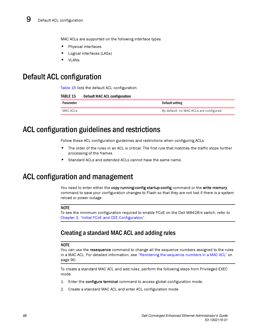 Dell 53-1002116-01 manual Default ACL configuration, ACL configuration guidelines and restrictions 