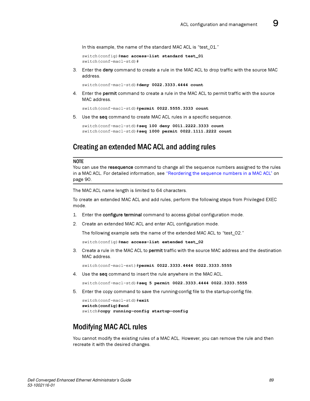 Dell 53-1002116-01 manual Creating an extended MAC ACL and adding rules, Modifying MAC ACL rules 