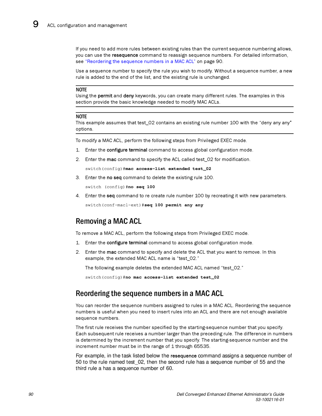 Dell 53-1002116-01 manual Removing a MAC ACL, Reordering the sequence numbers in a MAC ACL 