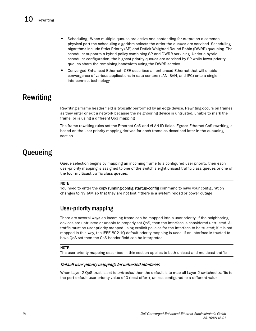 Dell 53-1002116-01 Rewriting, Queueing, User-priority mapping, Default user-priority mappings for untrusted interfaces 