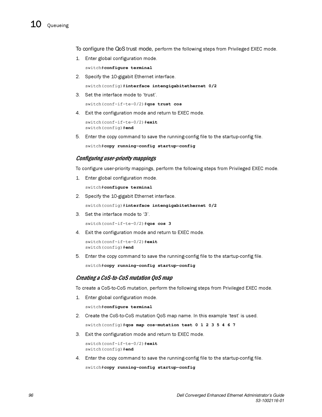 Dell 53-1002116-01 manual Configuring user-priority mappings, Creating a CoS-to-CoS mutation QoS map 