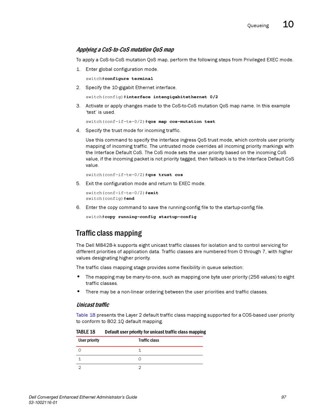 Dell 53-1002116-01 manual Traffic class mapping, Applying a CoS-to-CoS mutation QoS map, Unicast traffic, Queueing 