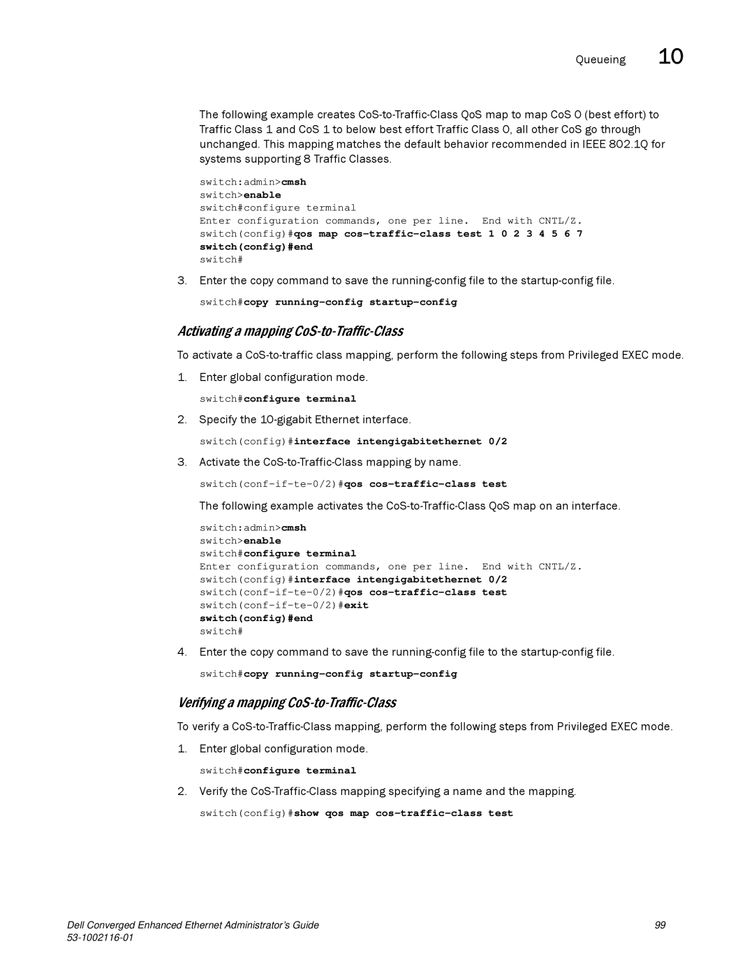 Dell 53-1002116-01 manual Activating a mapping CoS-to-Traffic-Class, Verifying a mapping CoS-to-Traffic-Class 