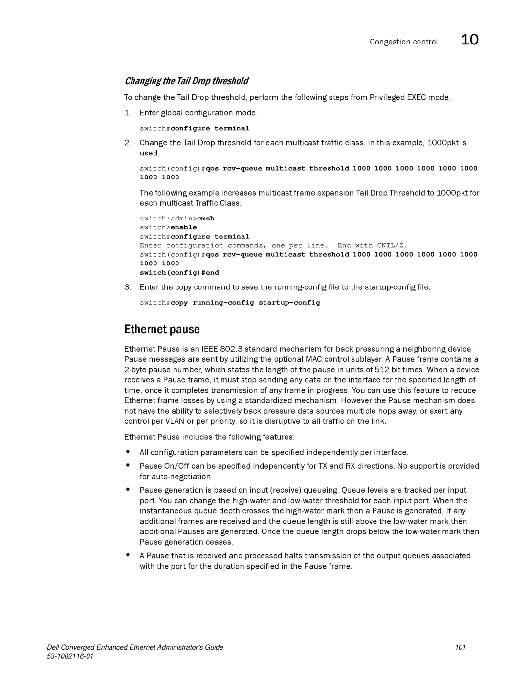 Dell 53-1002116-01 manual Ethernet pause, Changing the Tail Drop threshold 