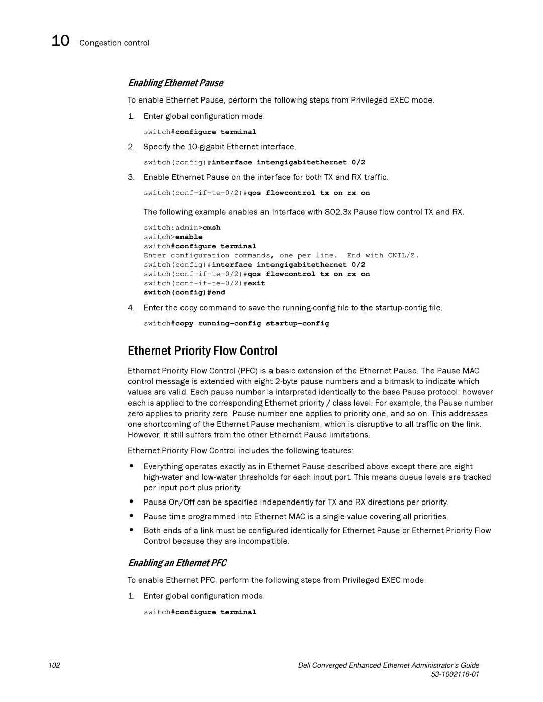 Dell 53-1002116-01 manual Ethernet Priority Flow Control, Enabling Ethernet Pause, Enabling an Ethernet PFC 