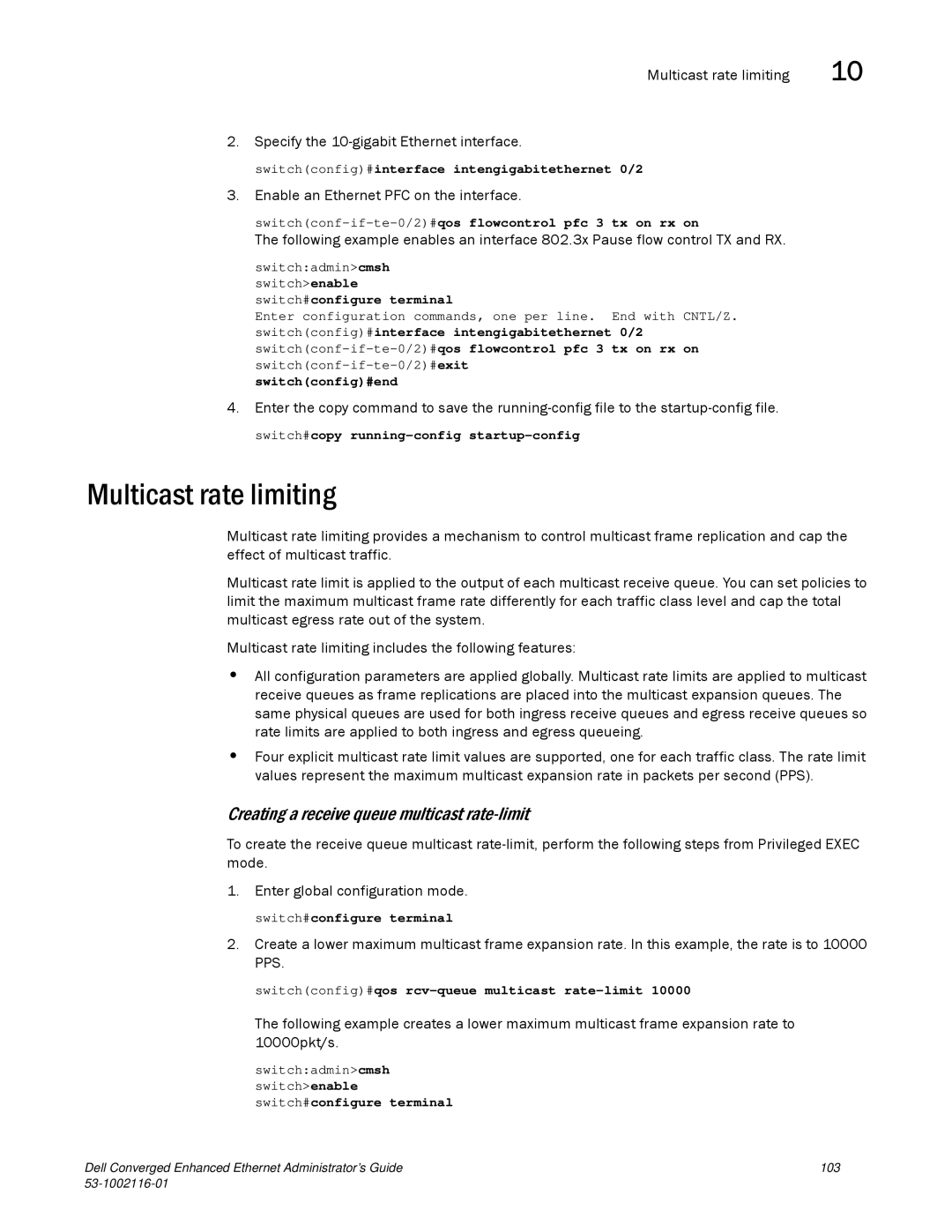 Dell 53-1002116-01 manual Multicast rate limiting, Creating a receive queue multicast rate-limit 