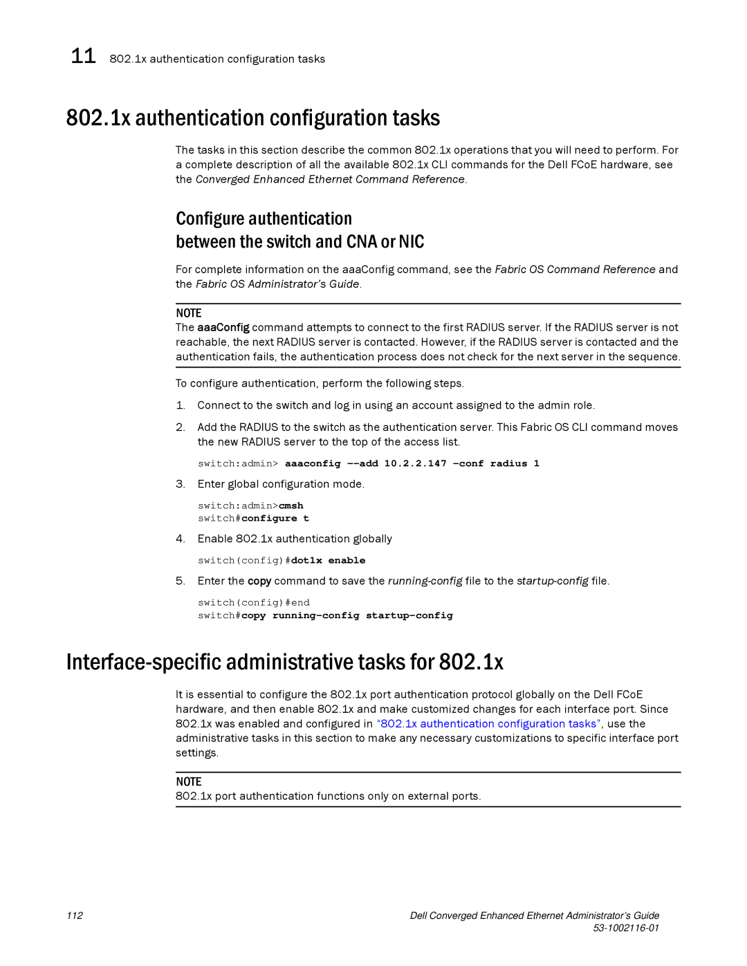 Dell 53-1002116-01 manual 802.1x authentication configuration tasks, Interface-specific administrative tasks for 