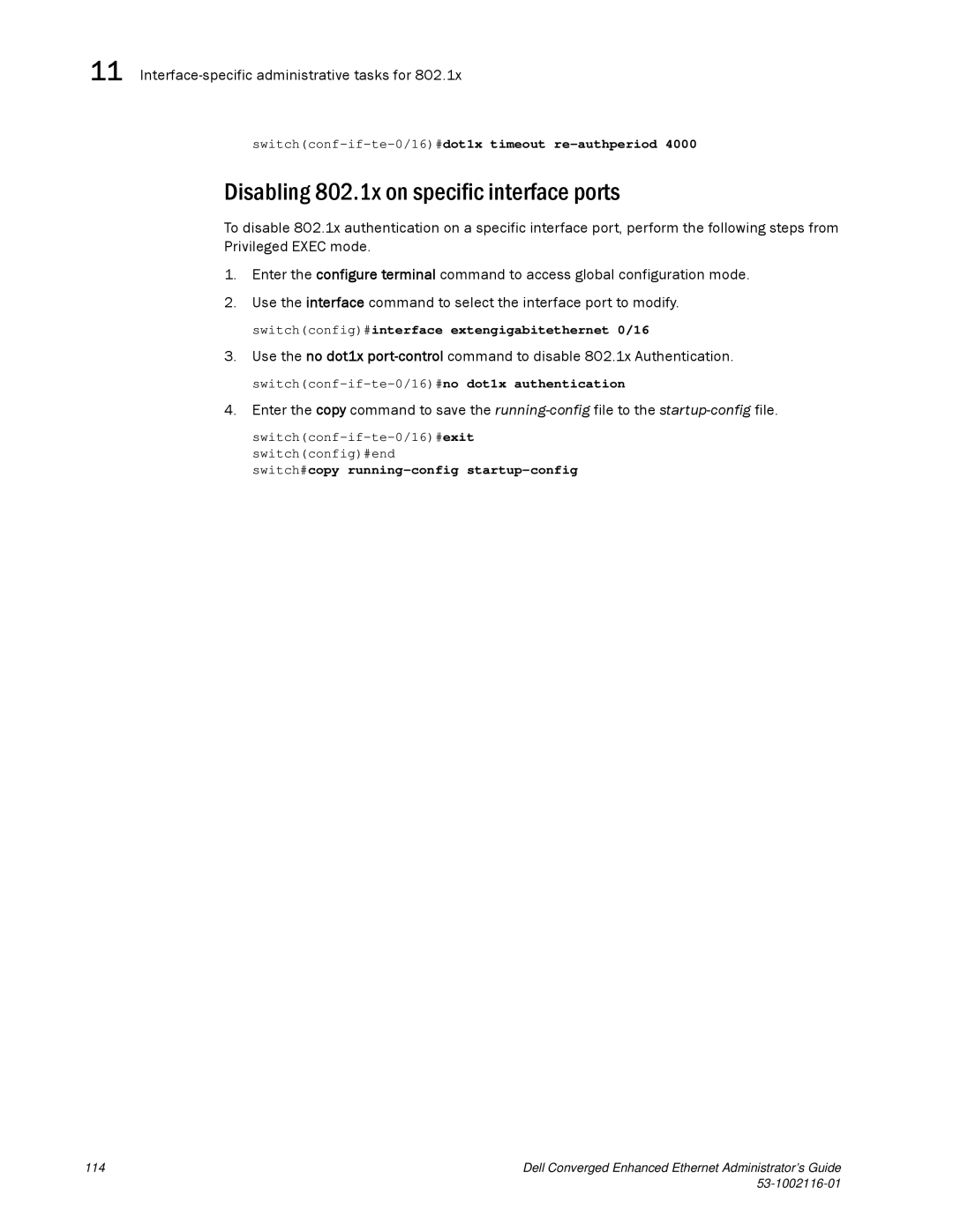 Dell 53-1002116-01 manual Disabling 802.1x on specific interface ports 