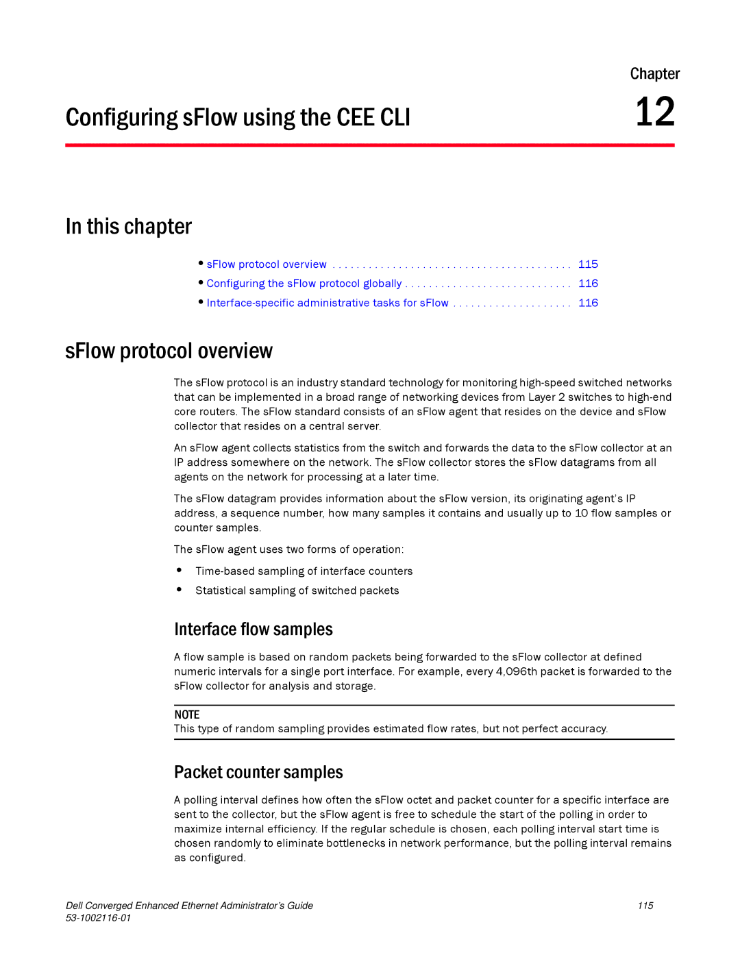 Dell 53-1002116-01 manual Configuring sFlow using the CEE CLI, SFlow protocol overview, Interface flow samples 