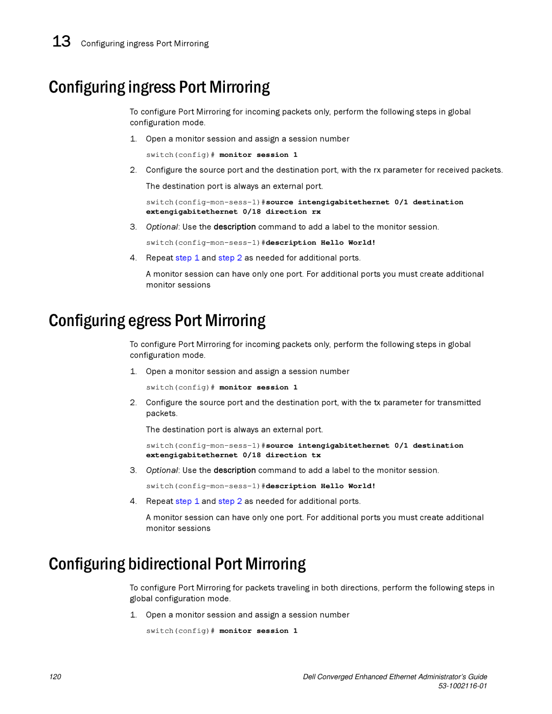 Dell 53-1002116-01 manual Configuring ingress Port Mirroring, Configuring egress Port Mirroring 