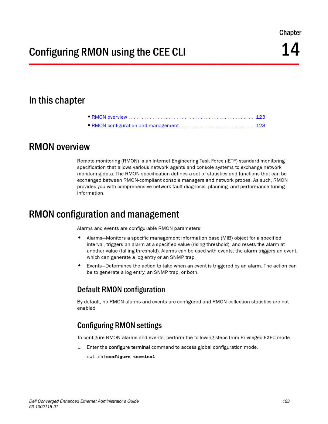 Dell 53-1002116-01 manual Configuring Rmon using the CEE CLI, Rmon overview, Rmon configuration and management 