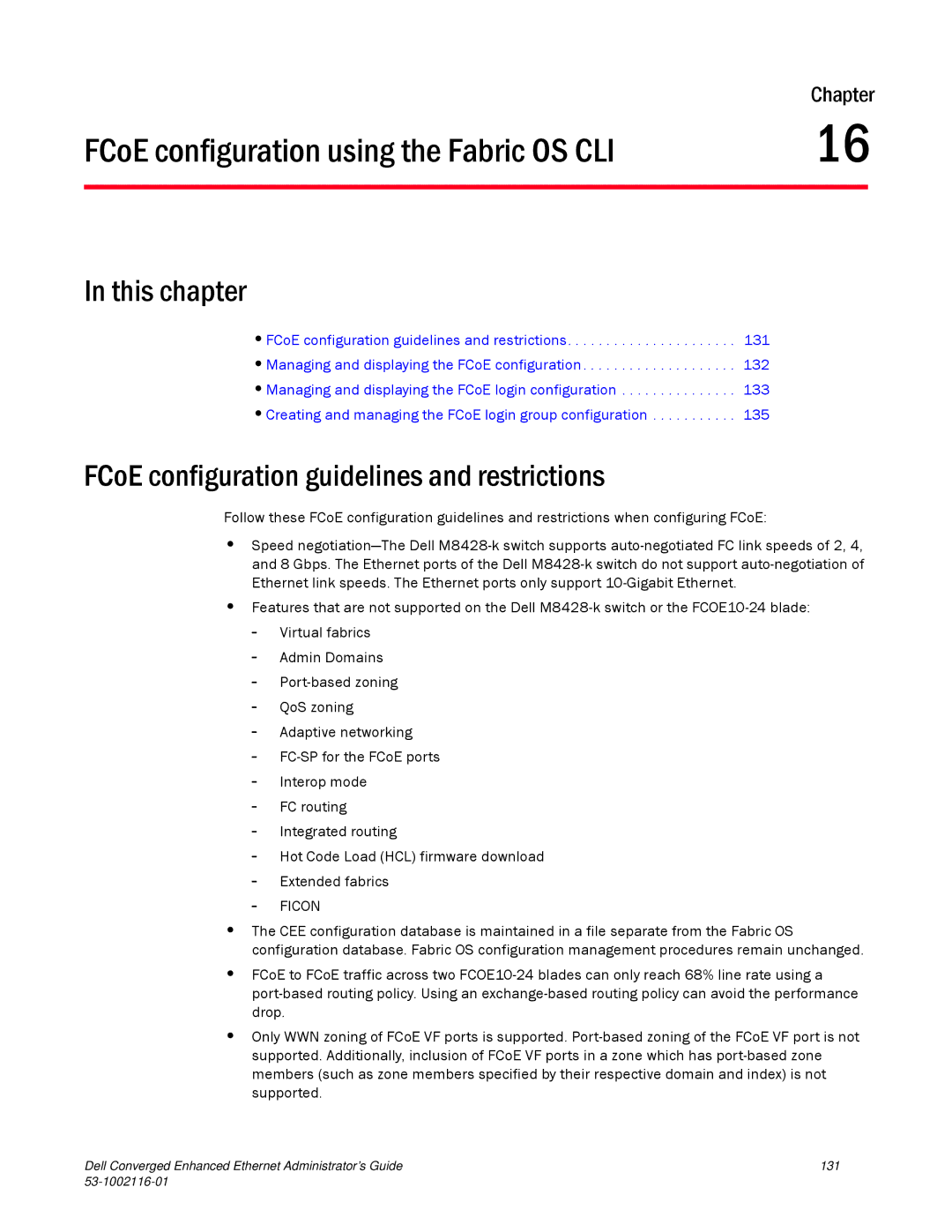 Dell 53-1002116-01 manual FCoE configuration using the Fabric OS CLI, FCoE configuration guidelines and restrictions 