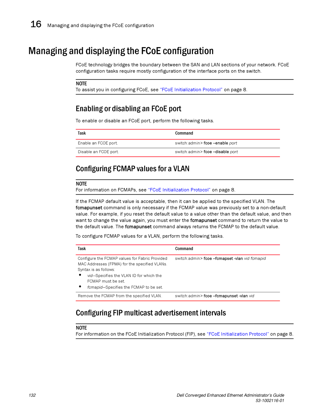 Dell 53-1002116-01 manual Managing and displaying the FCoE configuration, Enabling or disabling an FCoE port 