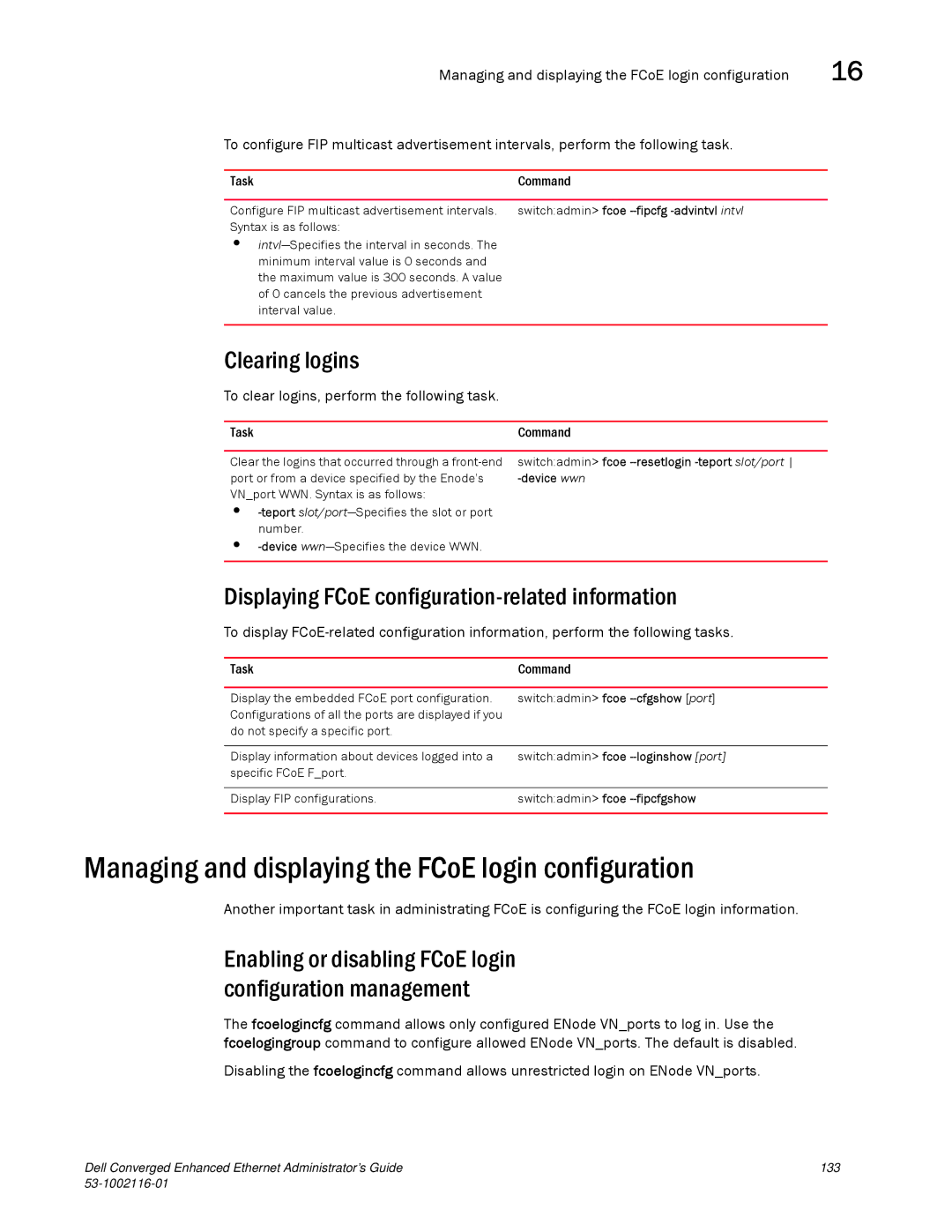 Dell 53-1002116-01 manual Managing and displaying the FCoE login configuration, Clearing logins 